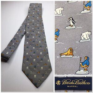 Brooks Brothers Makers Silk Novelty Tie Gray Polar Bear Penguin Walrus Pattern